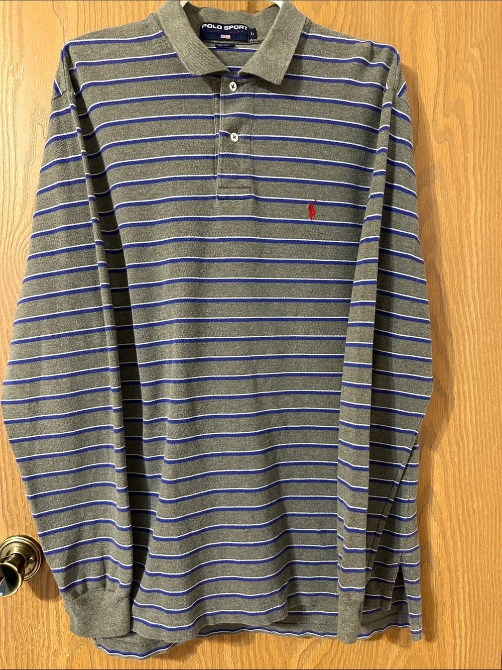 Polo by Ralph Lauren Gray & Blue Striped Long-Sleeve Polo with Red Logo